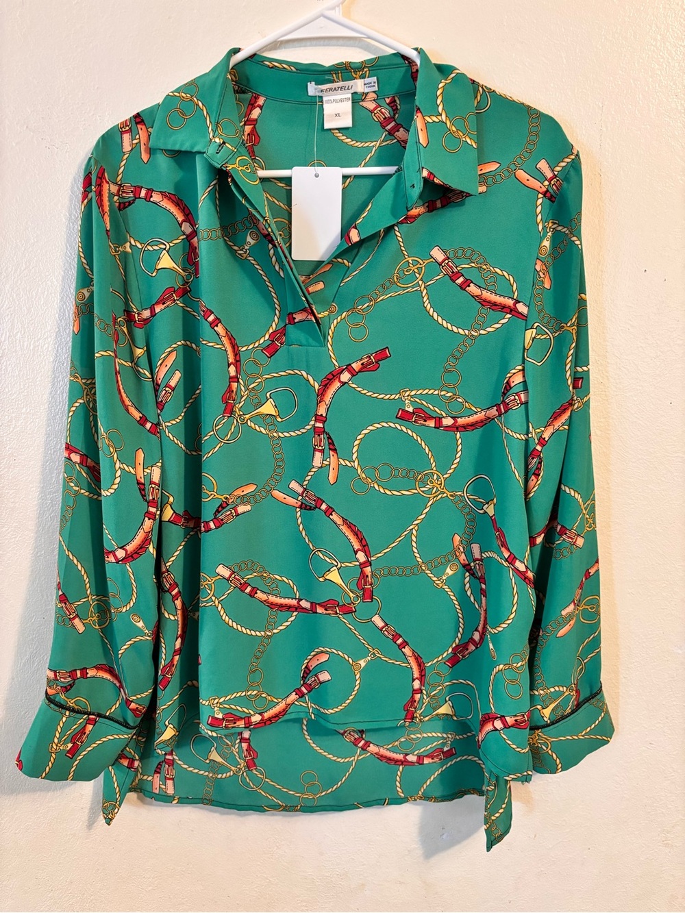 Vera Pelle Teal Chain-Print Long-Sleeve Blouse